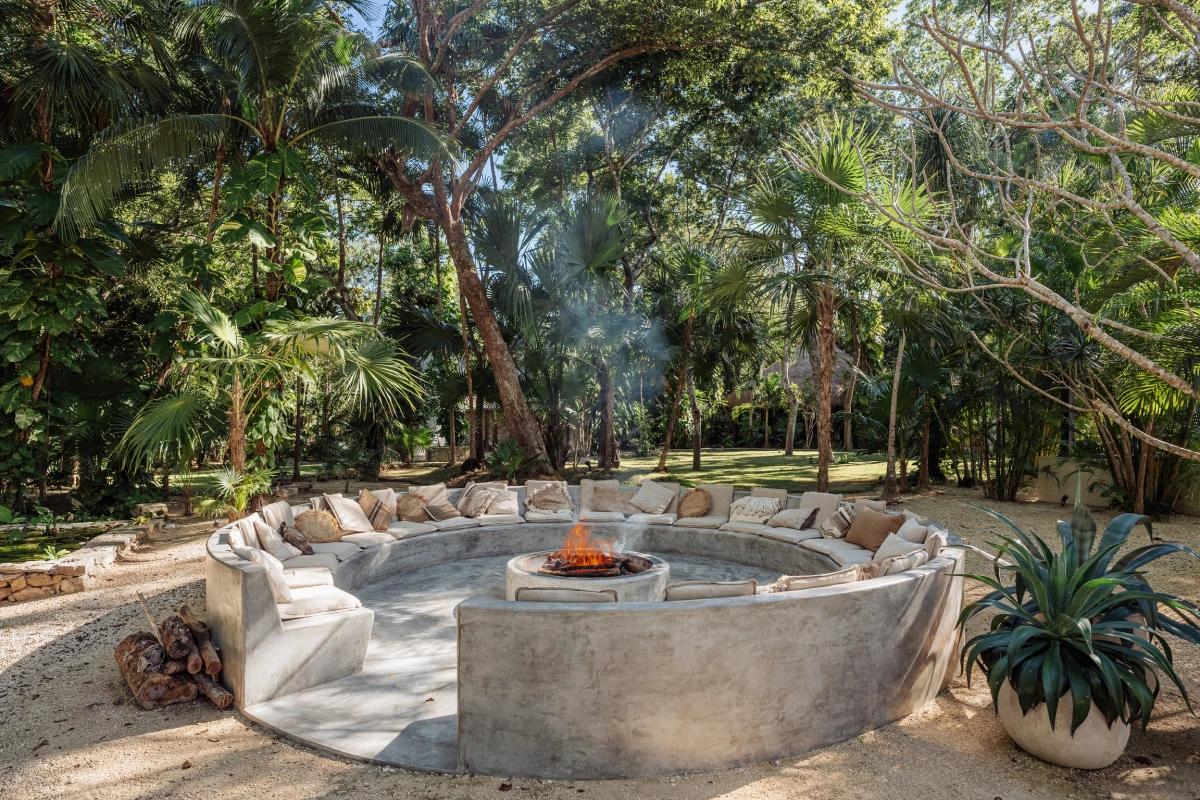 Palm-shaded pool at dusk